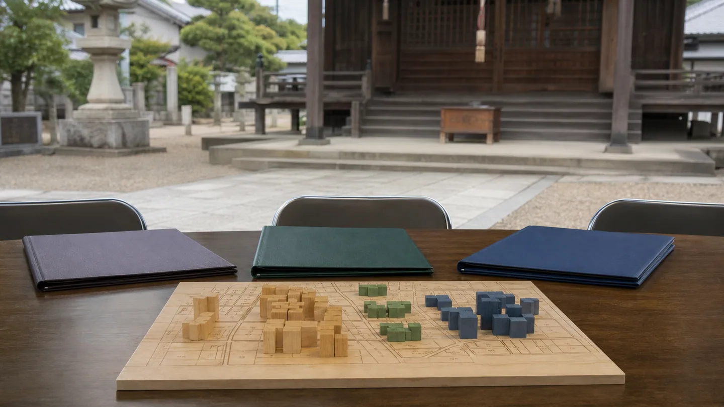 記事内容をもとに生成したイメージ：認可地縁団体と宗教法人 磐田の氏子と土地の3つの形