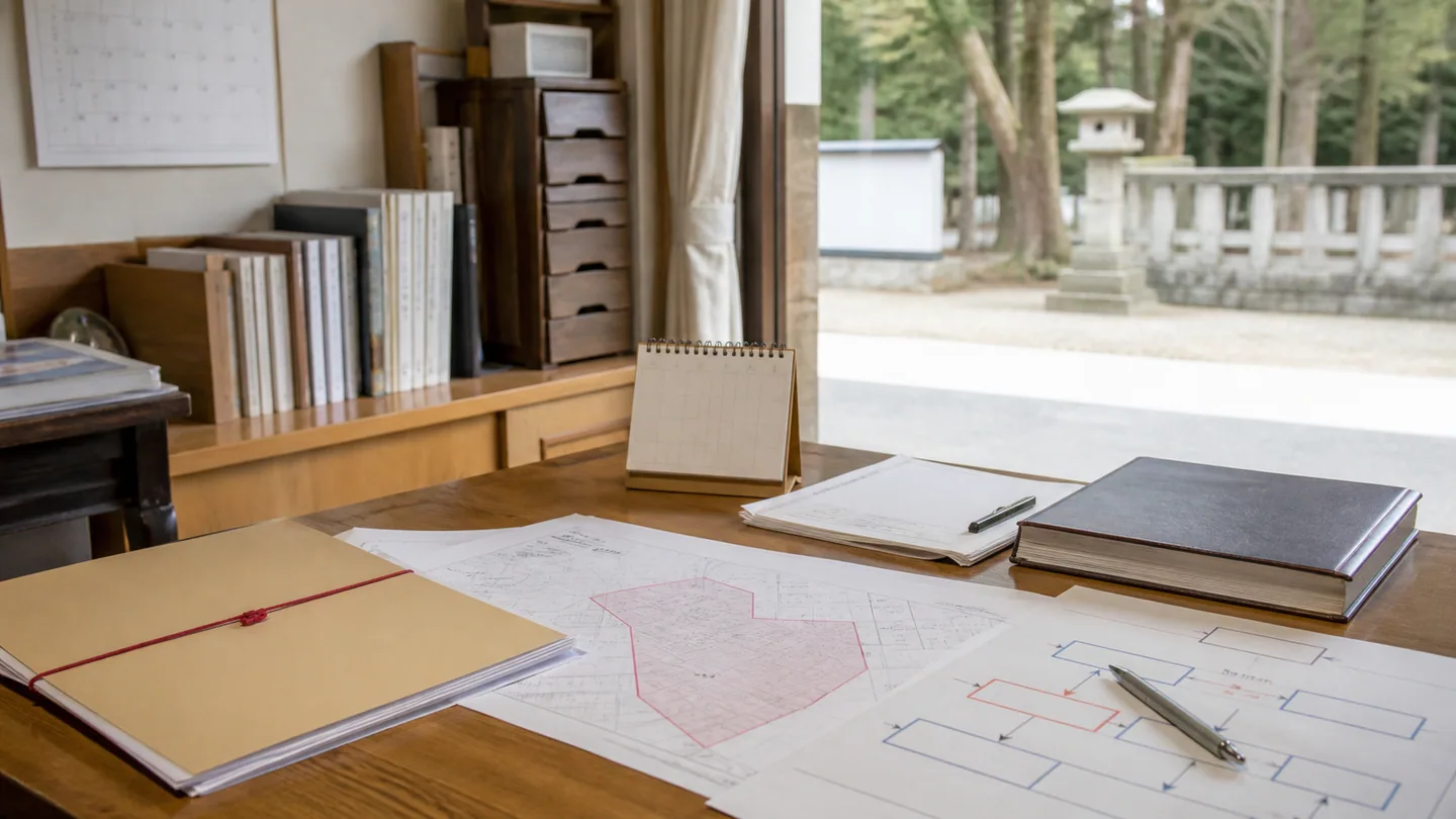 記事内容をもとに生成したイメージ：宗教法人の土地売却は公告1か月 神社の境内地を動かす手順