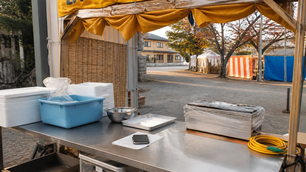 秋祭りの飲食露店で、開店前の調理台に給水容器、保冷箱、調理器具、延長ケーブルを並べた準備風景