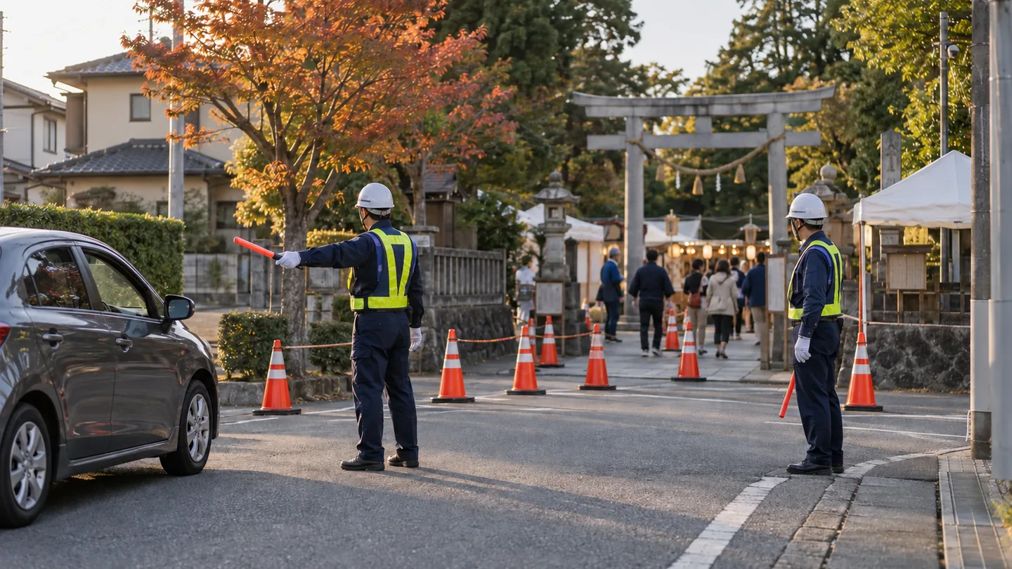 架空の静岡県内の神社前で、秋祭りの歩行者動線を交通コーンで分け、反射ベストとヘルメットを着けた交通誘導警備員2人が生活道路の車を案内している場面