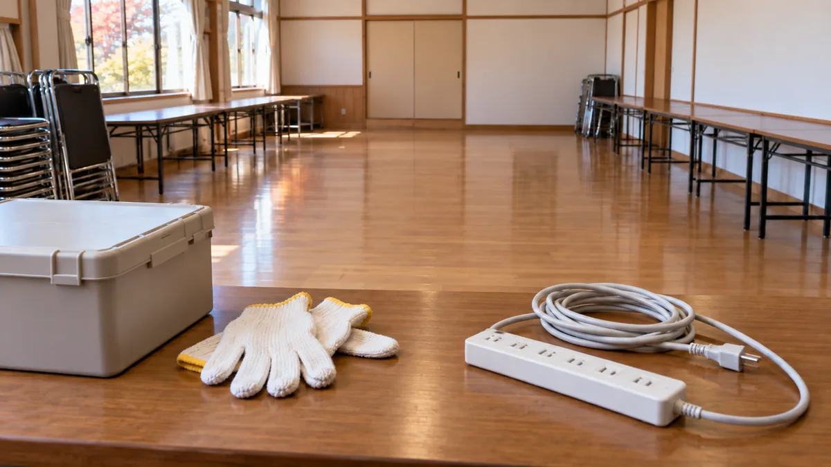 会所を想定した室内で、点検前の延長コードと手袋を机に置き、中央の通路に配線を出さず机を壁際に配置した生成イメージ