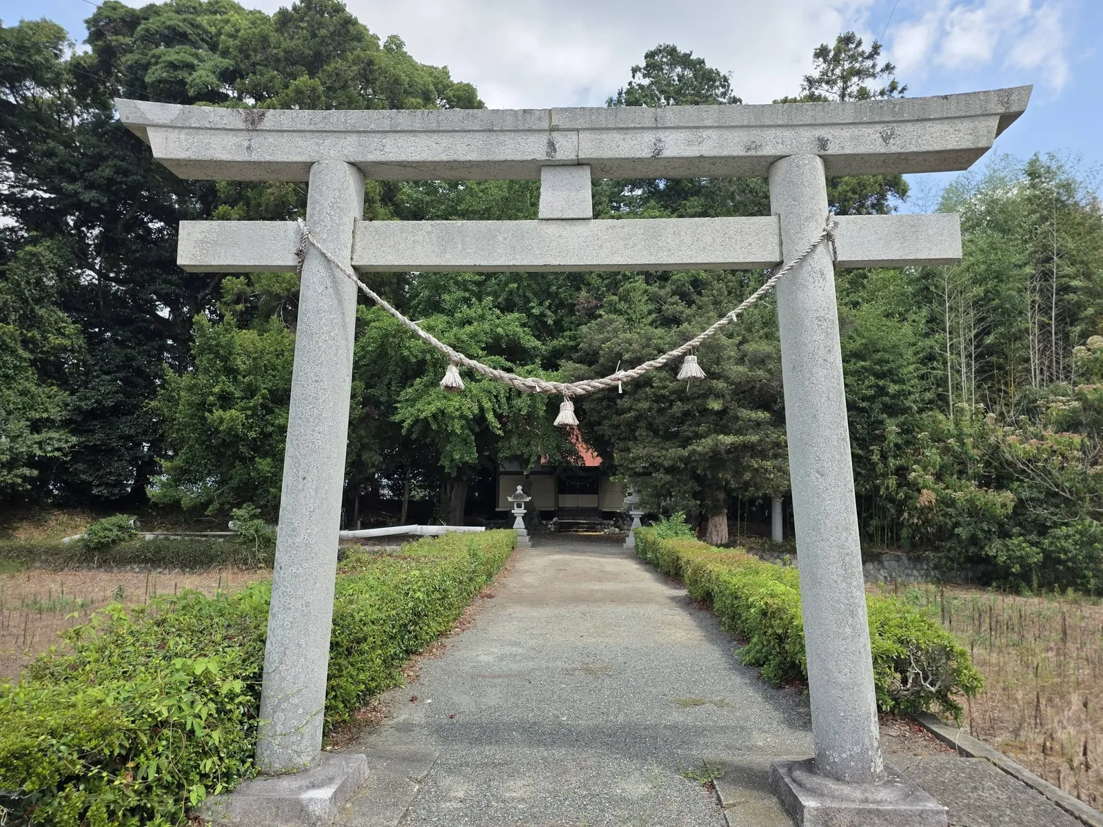 石造鳥居の正面から社殿を望む。