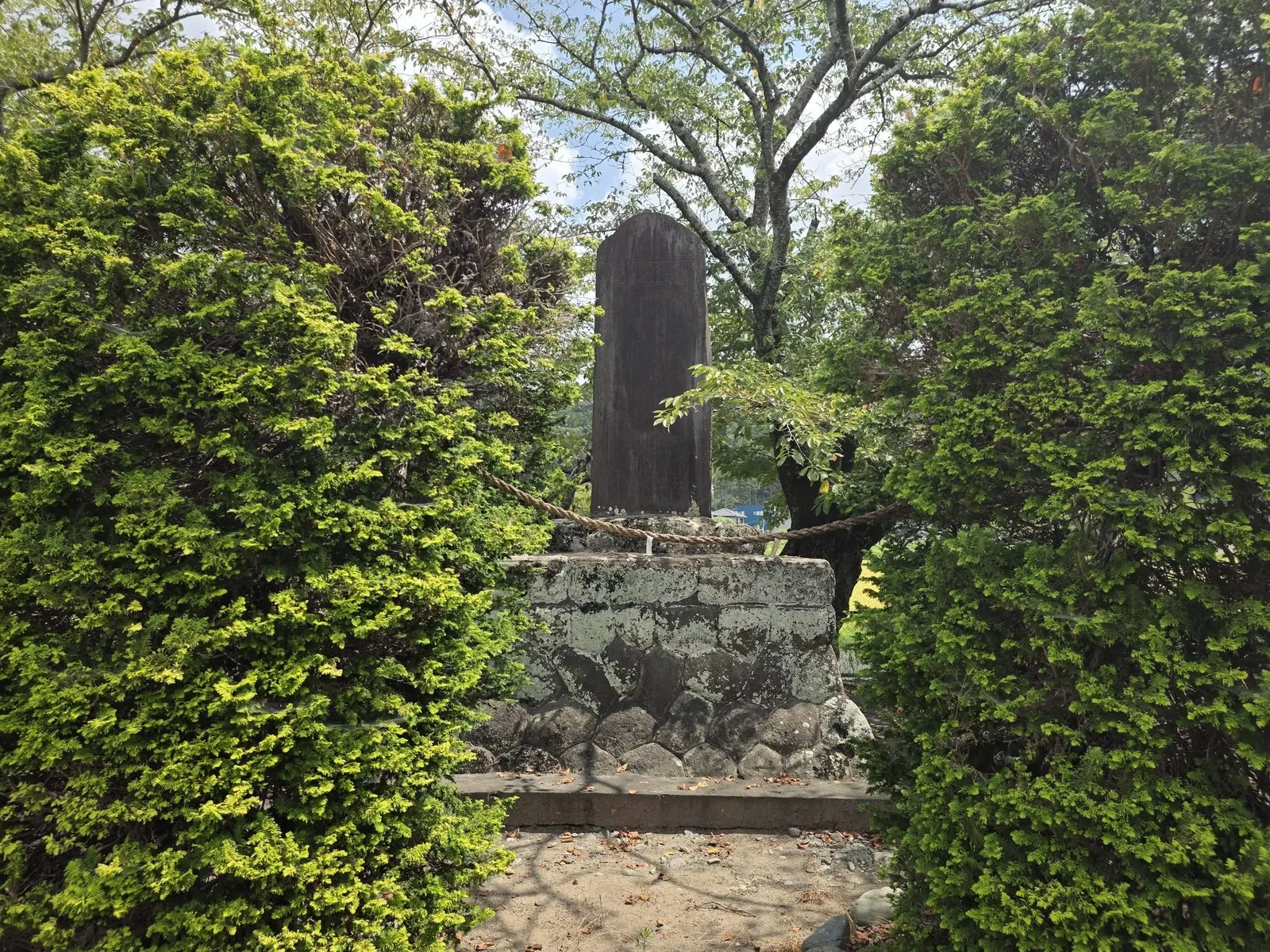 社叢の入口近くに立つ石碑。