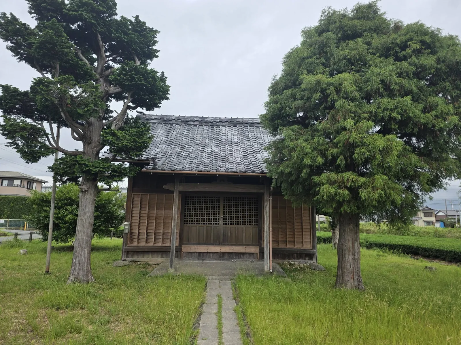 参道正面から見る社殿。木造の簡素な外観を見せる。