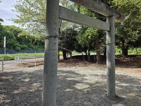 鳥居の柱に刻まれた年号銘。奥に注連縄を渡した参道と社叢、道路のガードレールが見える。