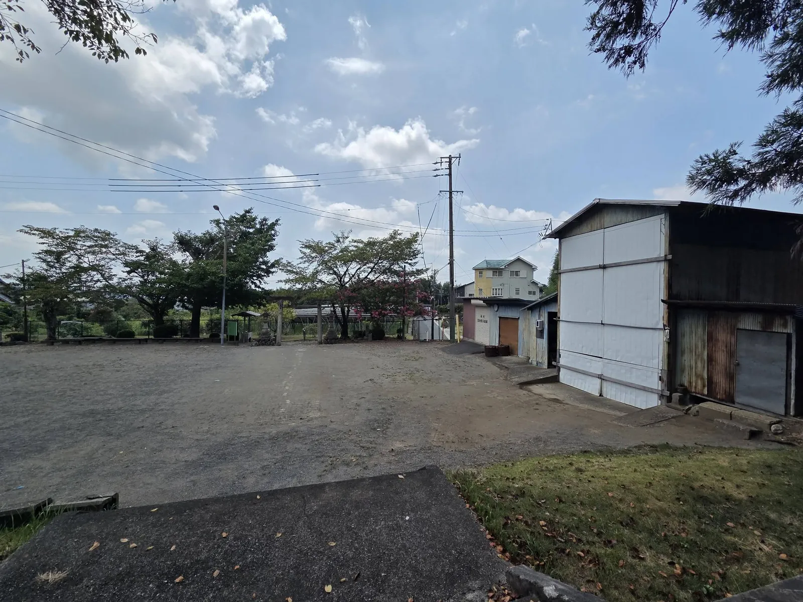 大木の脇に建つ野部神社の社殿側面。
