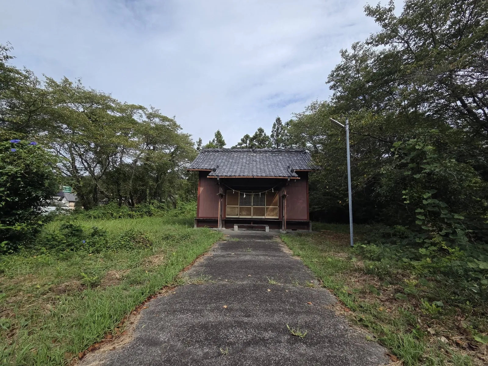 参道正面から見る社殿。高台の境内奥に木造社殿が立つ。