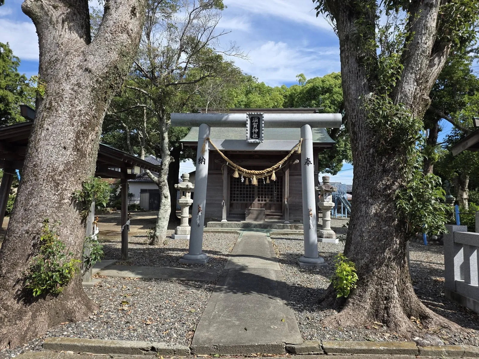 参道正面から見た石造鳥居。「須賀神社」の額束と、両脇の石灯籠、奥の社殿が見える。