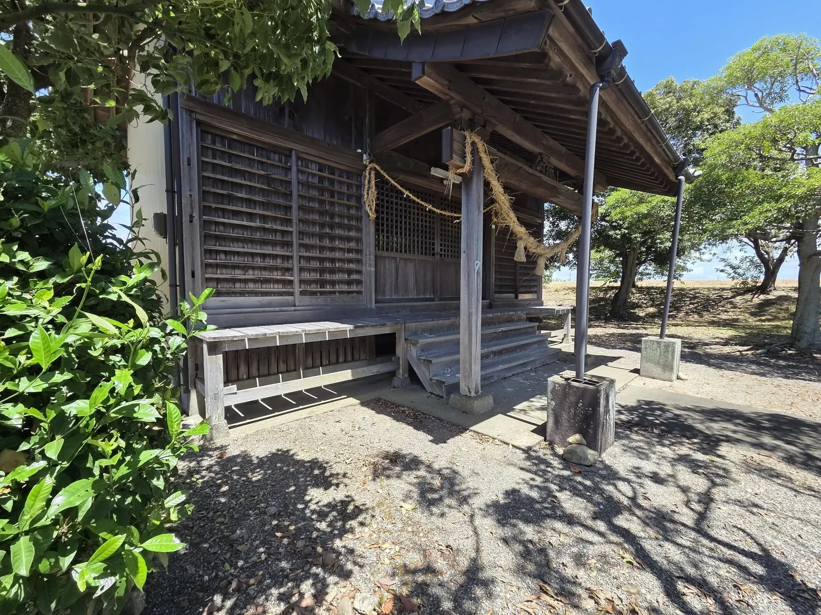 斜め前から見た水神社の社殿。