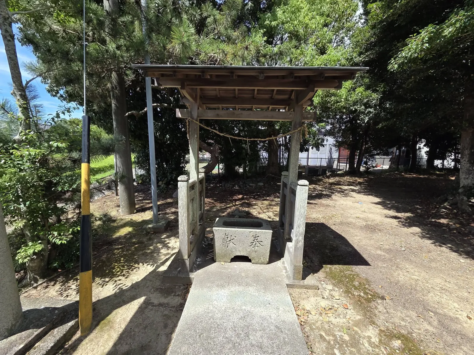 切妻屋根の手水舎正面。中央の水盤に「献」「奉」の文字が刻まれている。