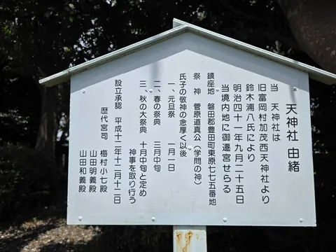 天神社の由緒板。祭神・由緒・祭典・氏子区域などを記す。