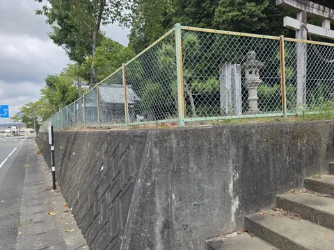 道路側から鳥居と社叢を望む。