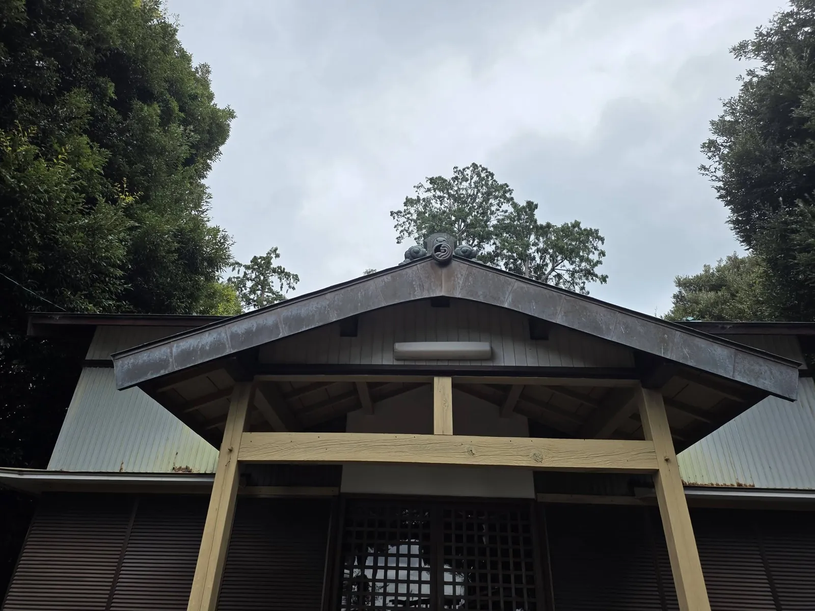 社殿向拝の近景。屋根の妻飾りと木組みを記録する。